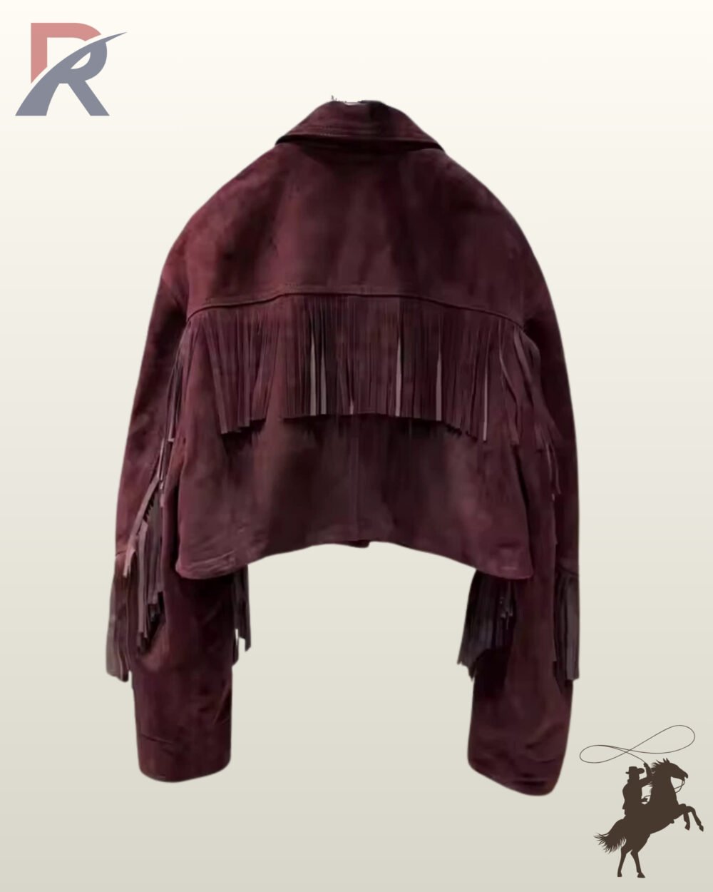 Back profile of a classic women's burgundy cropped fringed suede jacket hanging on a plain background.