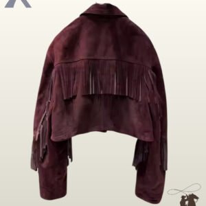 Back profile of a classic women's burgundy cropped fringed suede jacket hanging on a plain background.