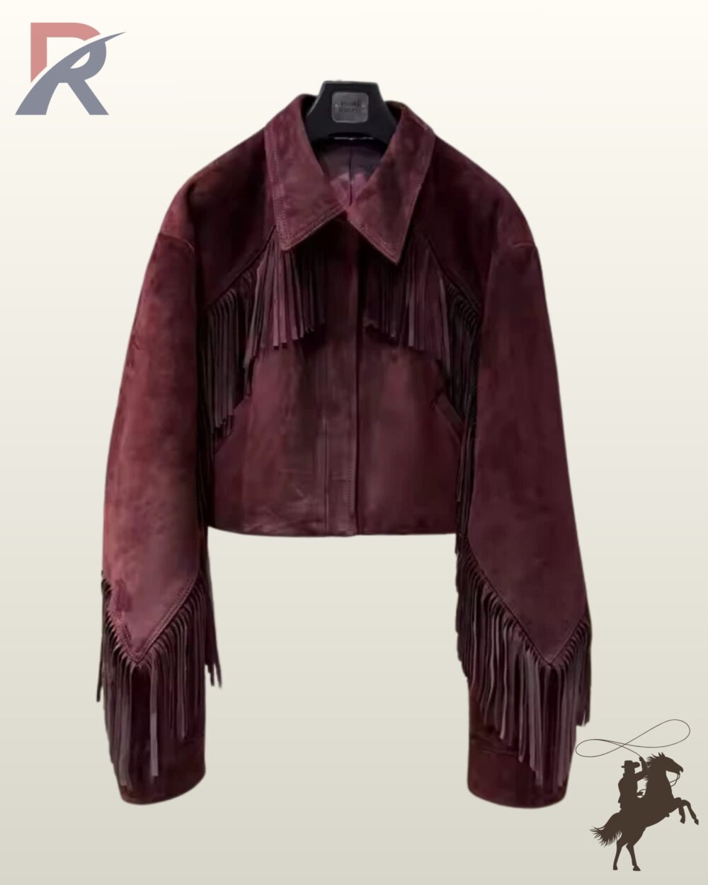 Front view of a women's cropped maroon burgundy suede western jacket with chest fringe panels, classic shirt collar, and sleeve tassels.
