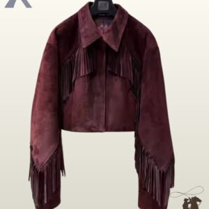 Front view of a women's cropped maroon burgundy suede western jacket with chest fringe panels, classic shirt collar, and sleeve tassels.