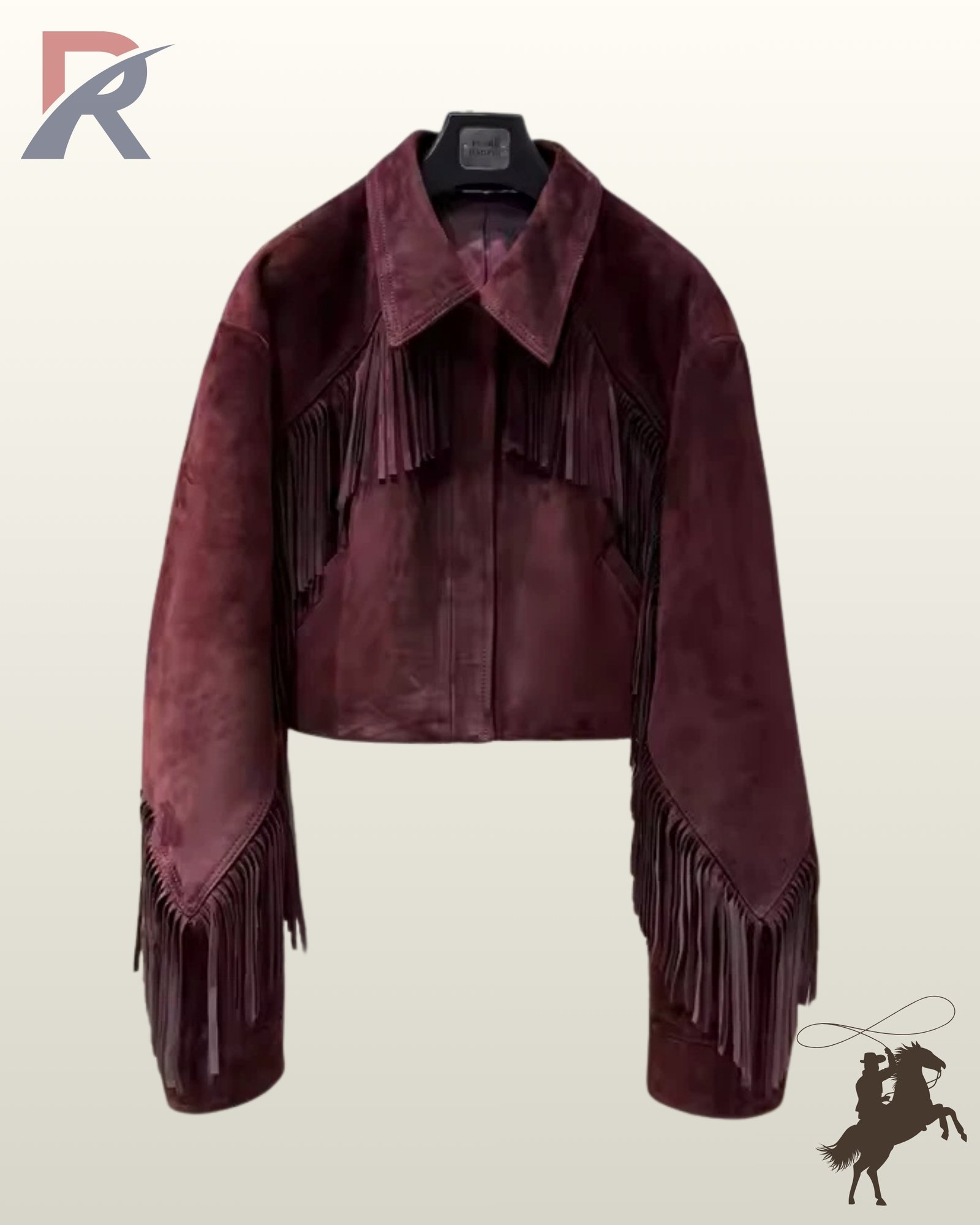 Front view of a women's cropped maroon burgundy suede western jacket with chest fringe panels, classic shirt collar, and sleeve tassels.