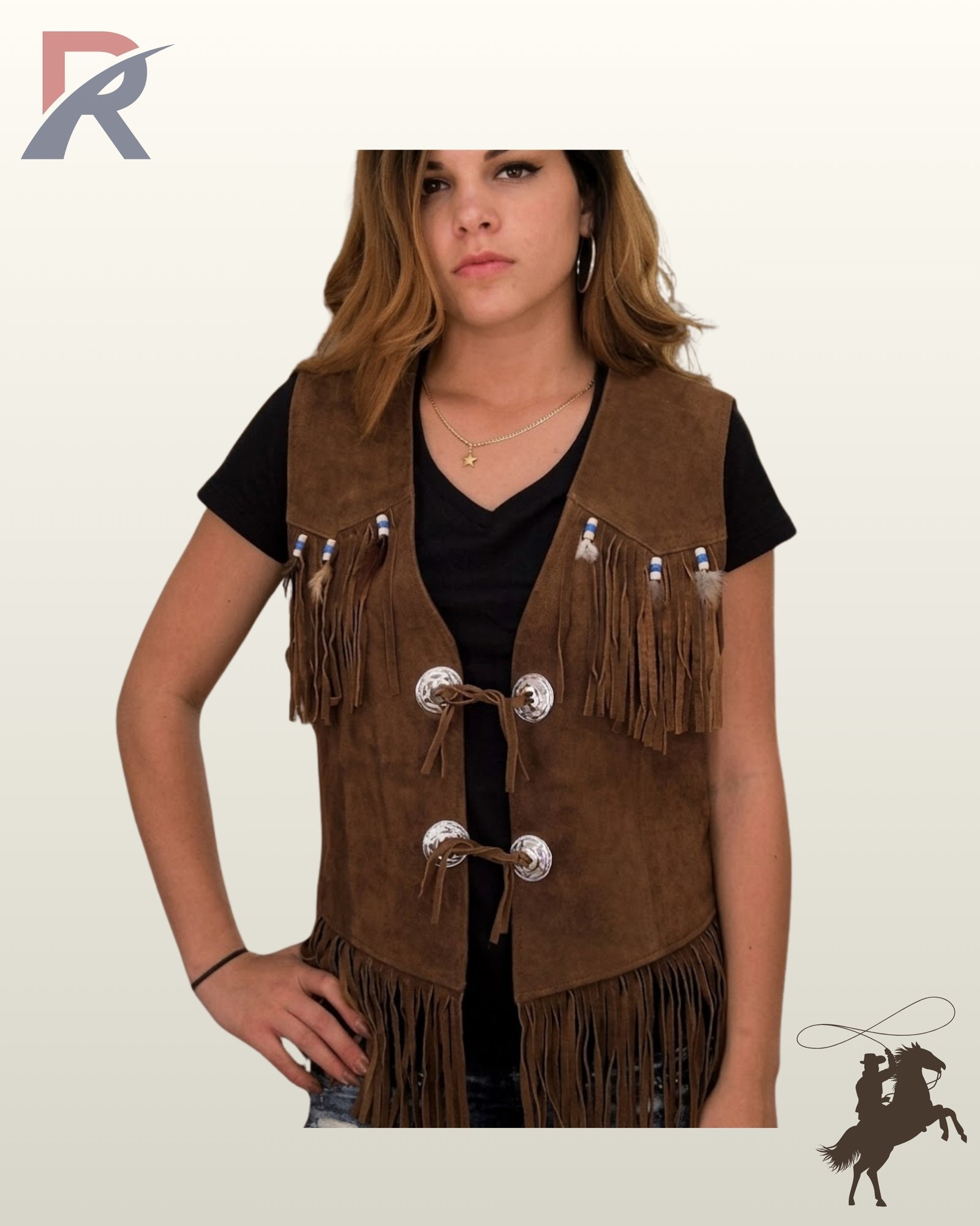 Women's native western style brown suede vest displaying front chest fringe, silver engraved conchos with leather ties, and a fringed bottom hem.