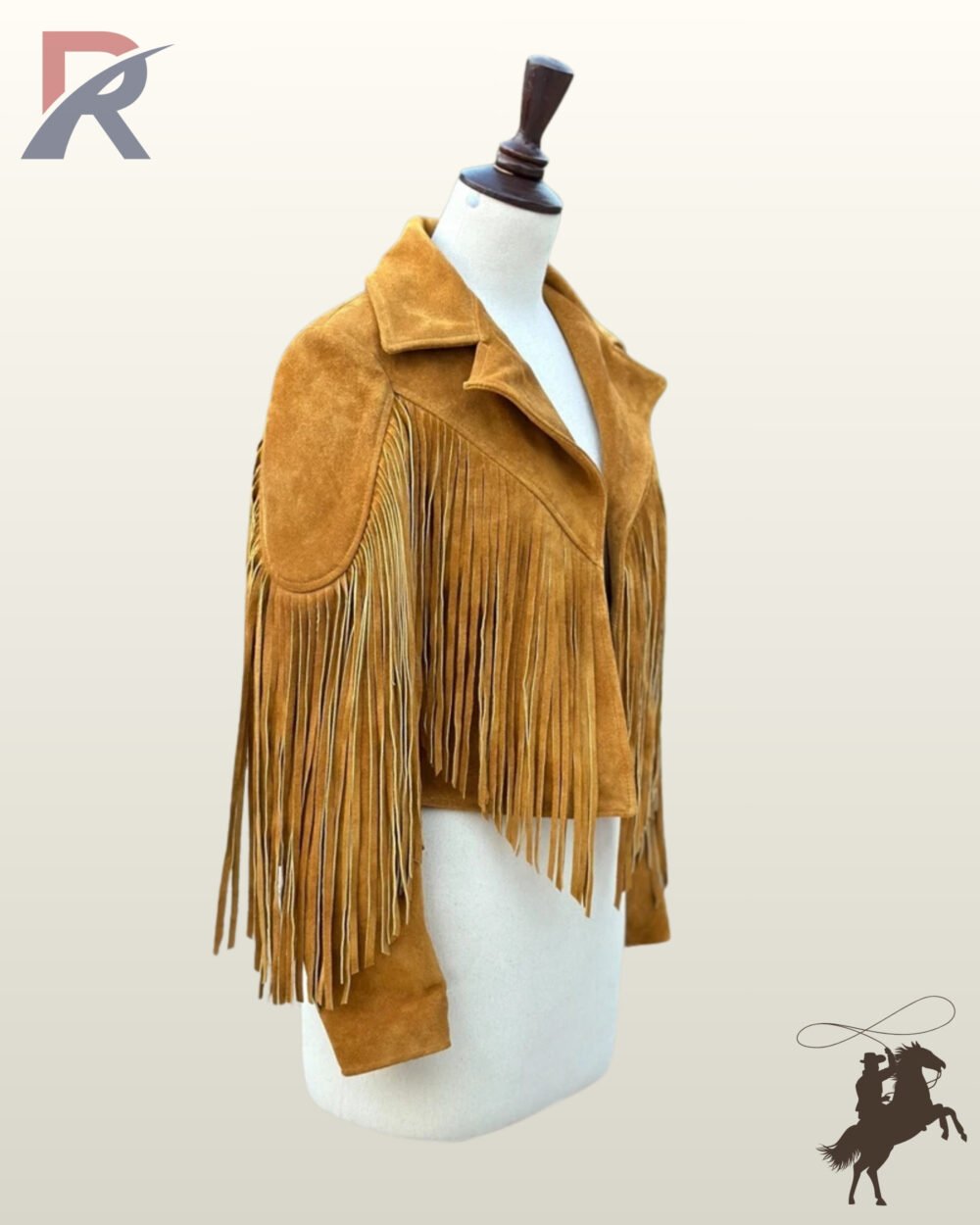 Angled front perspective of an open mustard tan suede western fringe jacket displayed on a mannequin.