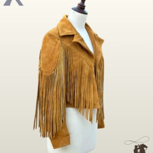 Angled front perspective of an open mustard tan suede western fringe jacket displayed on a mannequin.