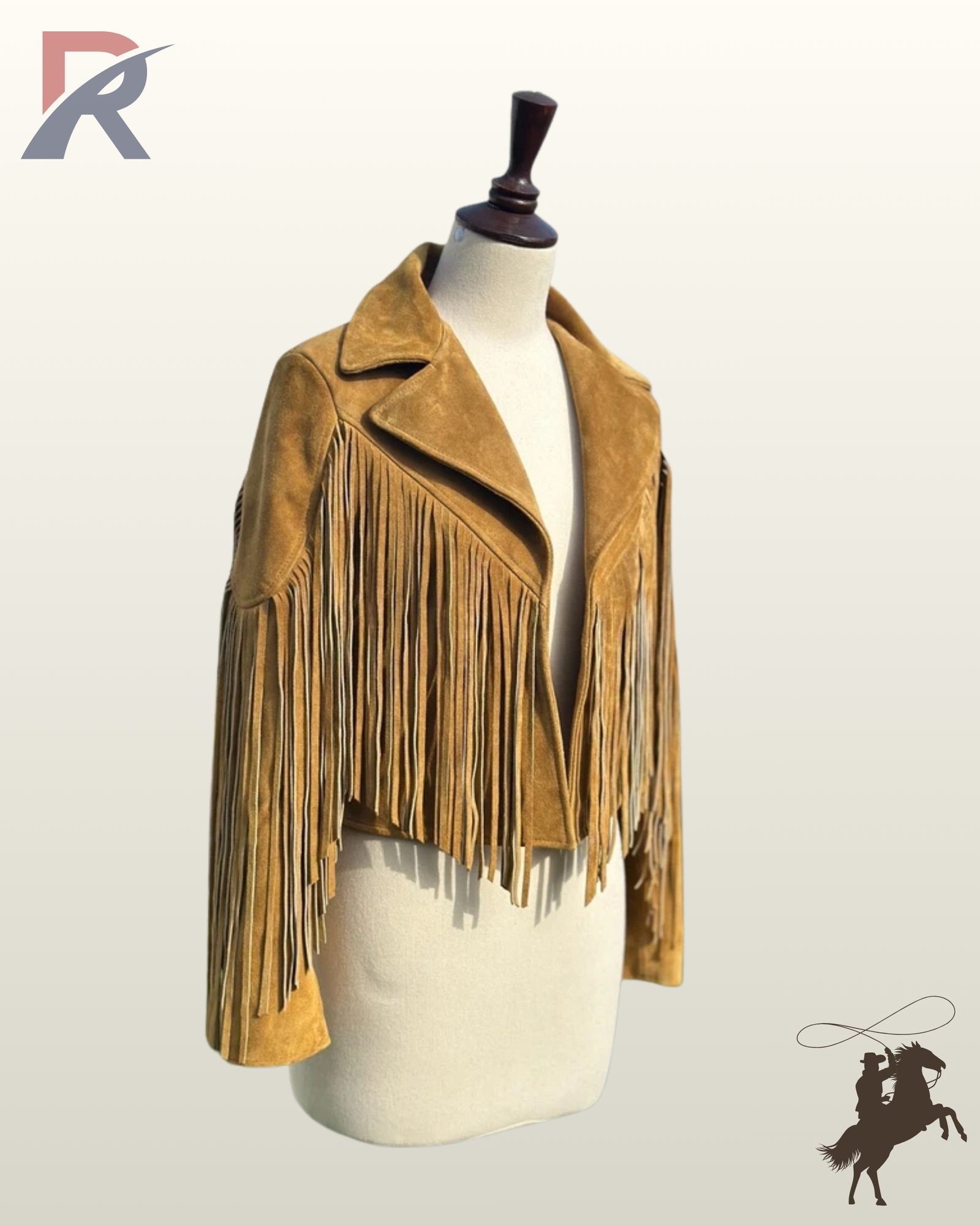 Angled front view of a open mustard tan suede cropped western jacket on a dress form mannequin showcasing wide lapels and chest fringe.