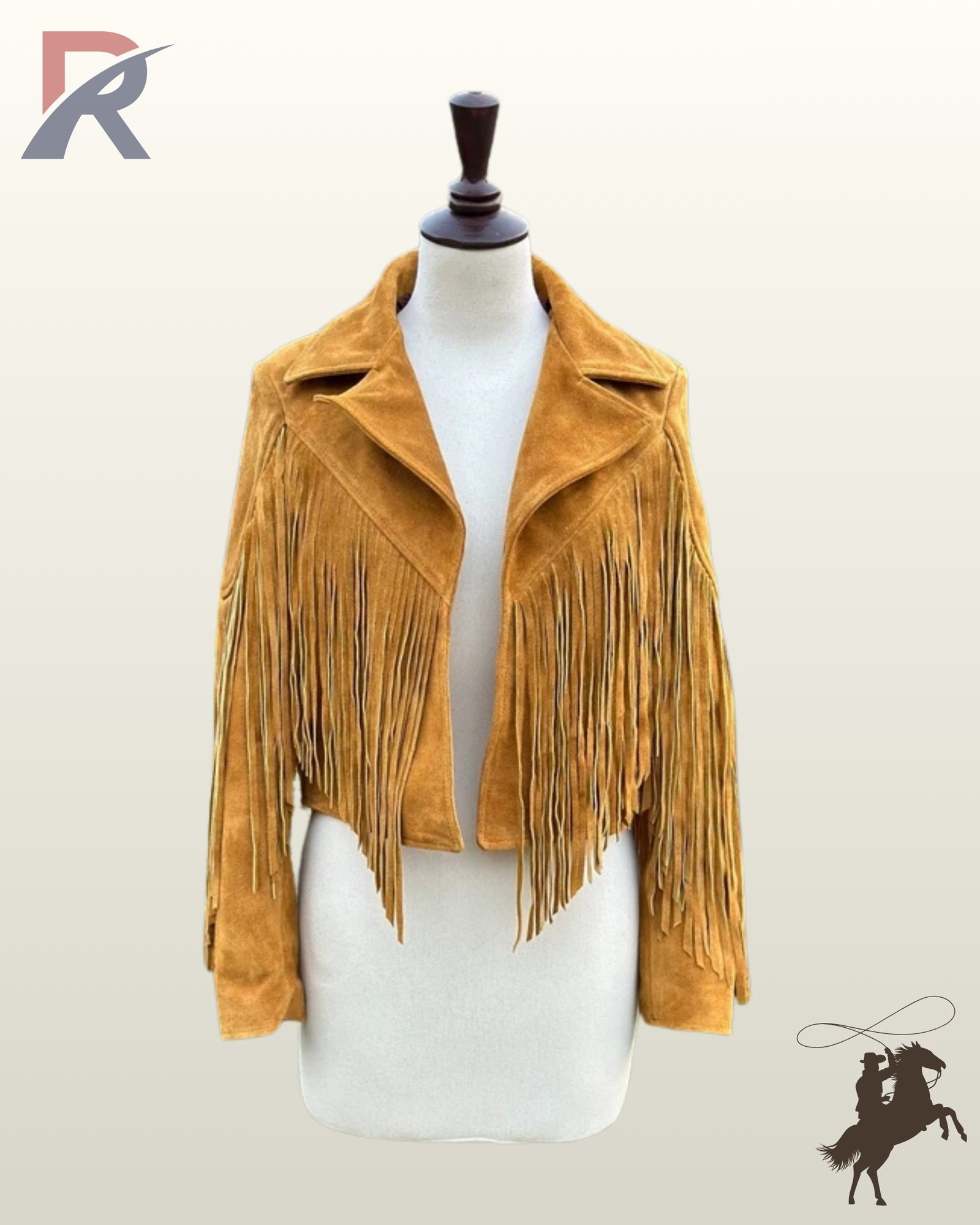 Women's ocher yellow suede cowgirl fringe jacket displayed on a mannequin with wide notch lapels and open front styling.