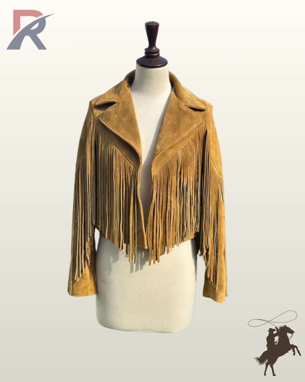 Front view of a open women's mustard tan suede western fringe jacket on a dress form mannequin highlighting V-chest fringe trim.