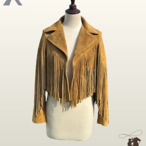 Front view of a open women's mustard tan suede western fringe jacket on a dress form mannequin highlighting V-chest fringe trim.