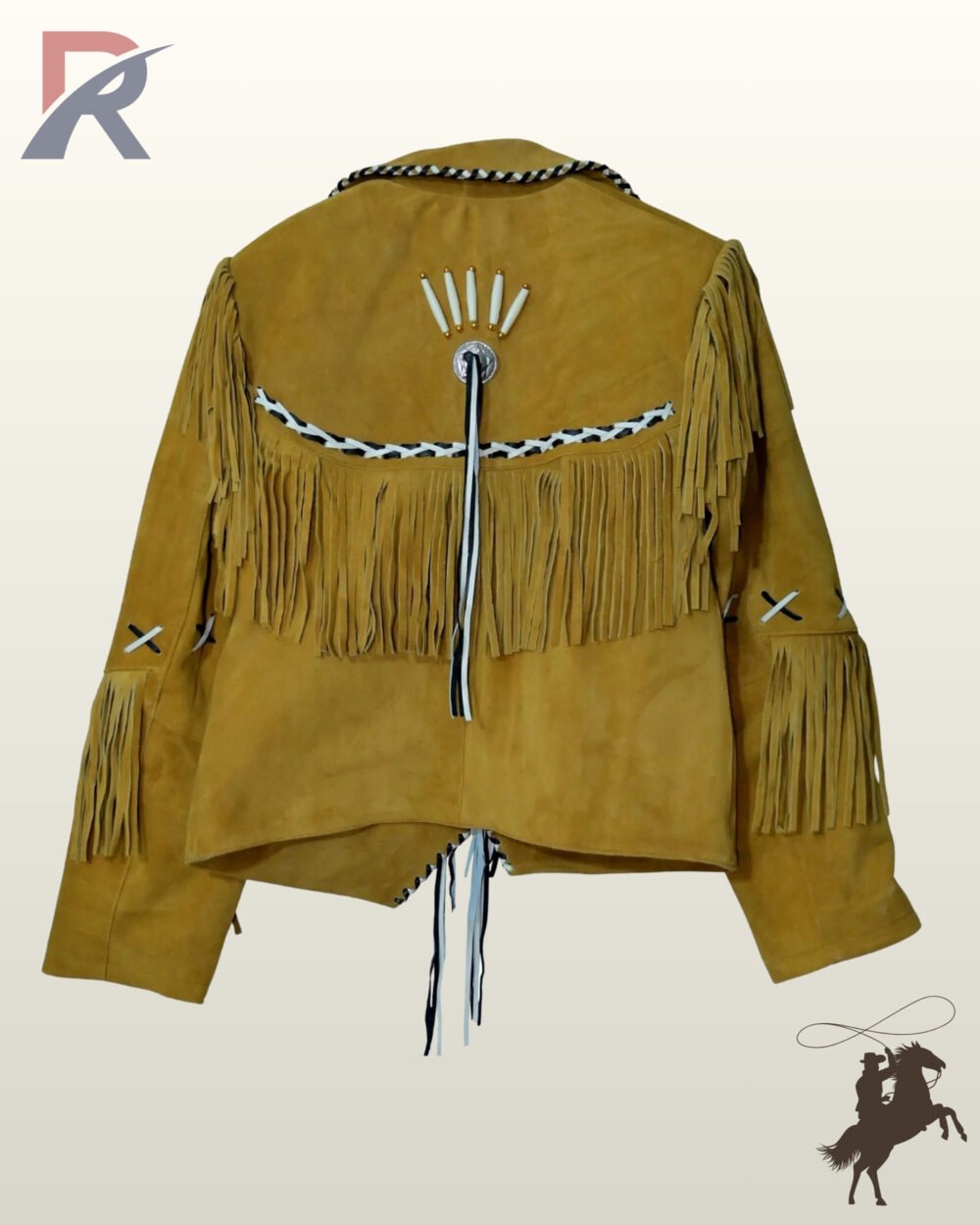 Back profile of a Native American style ocher suede jacket showing back yoke fringe, silver concho tassel accents, and cross-laced sleeves.