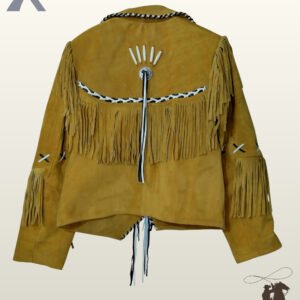 Back profile of a Native American style ocher suede jacket showing back yoke fringe, silver concho tassel accents, and cross-laced sleeves.