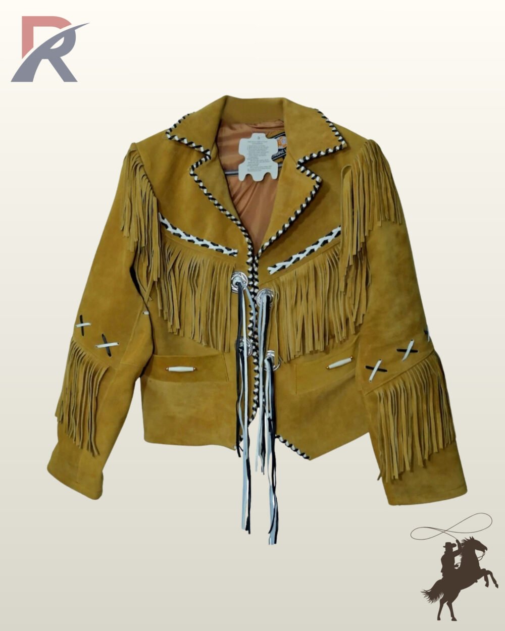 Front view of a mustard yellow suede western fringe jacket featuring black and white whipstitched edges, silver concho ties, and bone pipe bead details.