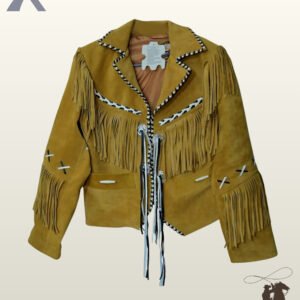 Front view of a mustard yellow suede western fringe jacket featuring black and white whipstitched edges, silver concho ties, and bone pipe bead details.