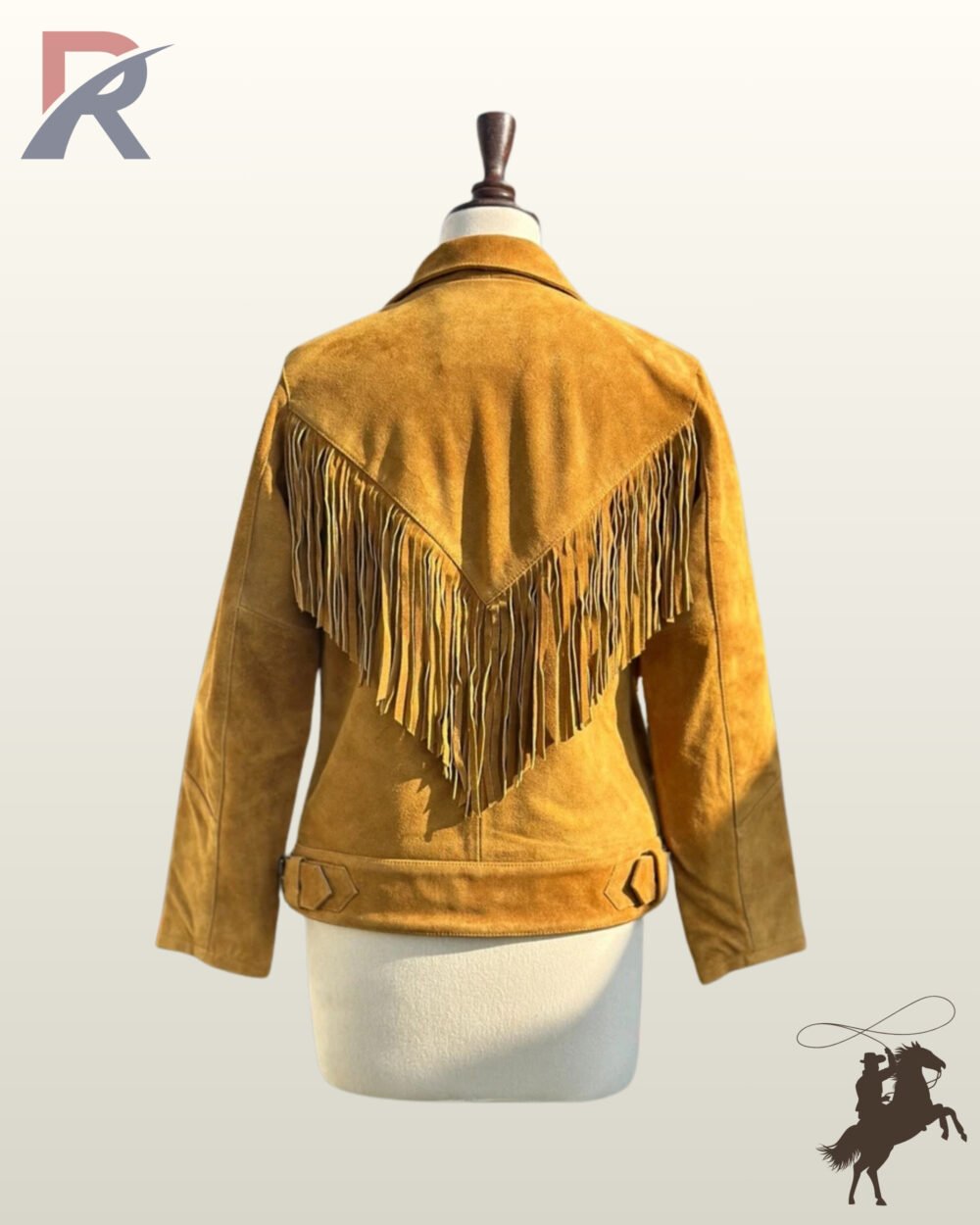 Back profile of a classic women's ocher tan suede cowgirl jacket featuring V-yoke back fringe trim and structured waist waistband.