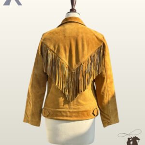 Back profile of a classic women's ocher tan suede cowgirl jacket featuring V-yoke back fringe trim and structured waist waistband.
