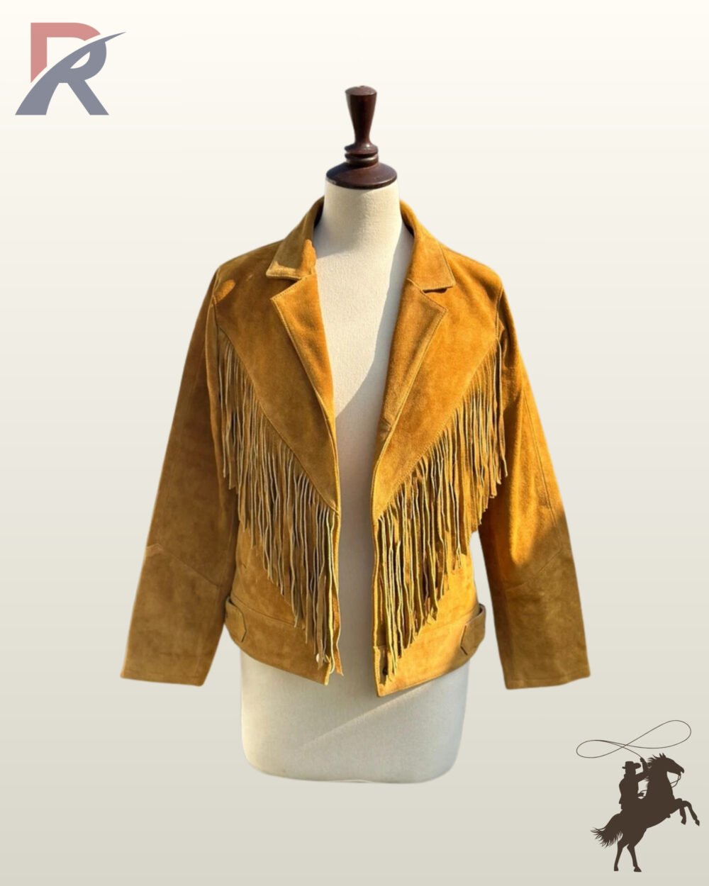 Front view of an open mustard yellow suede western jacket on a mannequin featuring deep V-yoke chest fringe and notched lapel collar.