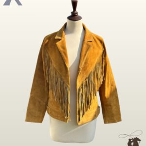Front view of an open mustard yellow suede western jacket on a mannequin featuring deep V-yoke chest fringe and notched lapel collar.