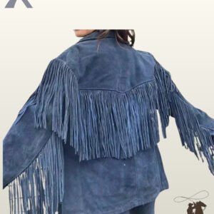 Rear view of a model wearing a women's navy blue suede western jacket with a V-shaped back yoke and flowing arm fringe.