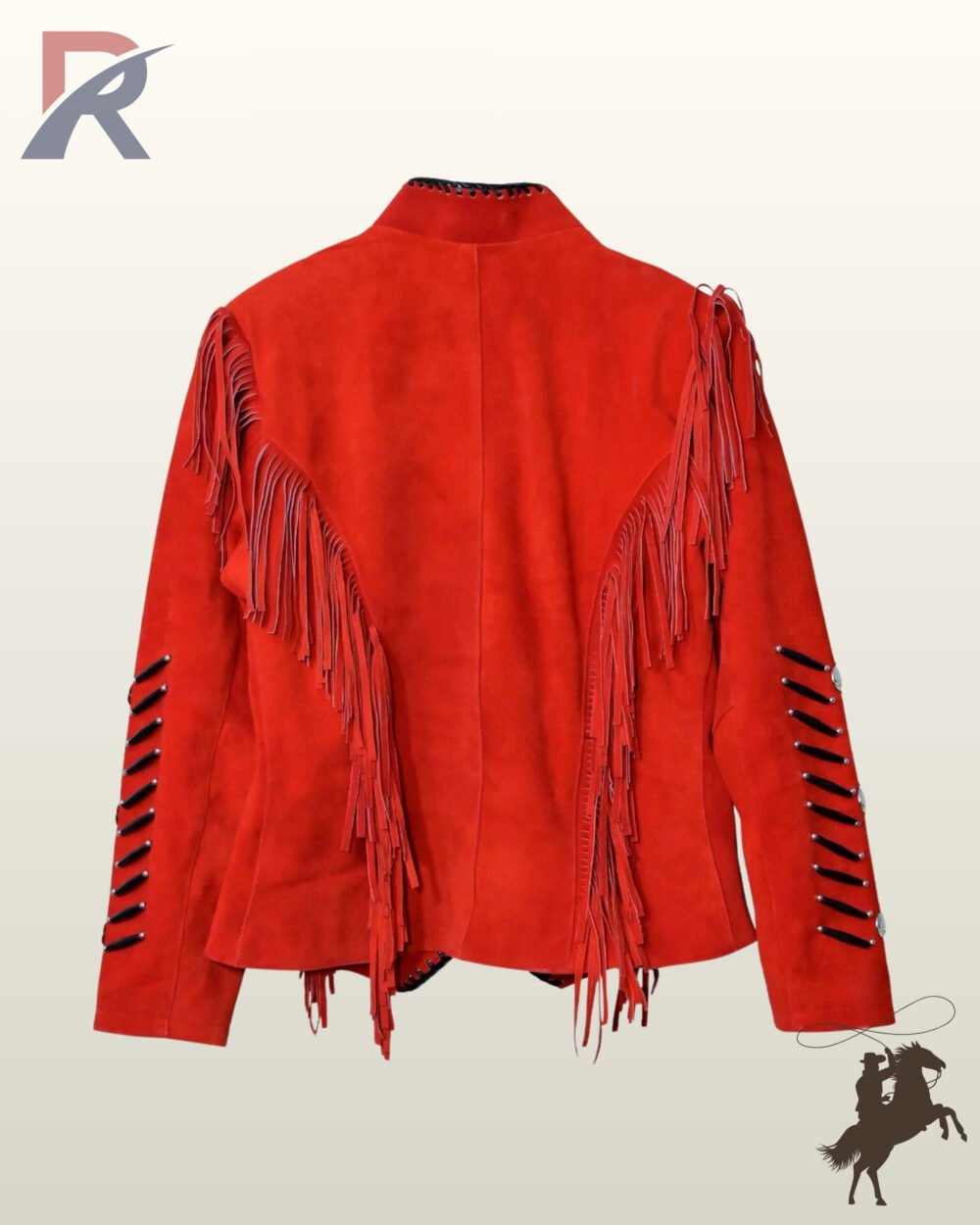 Back profile of a Native American style red suede jacket featuring cascading shoulder-to-hem fringe and black lace accents.