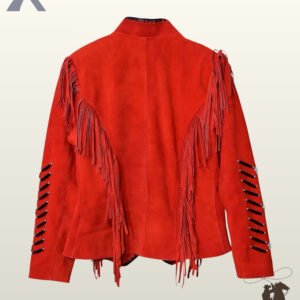 Back profile of a Native American style red suede jacket featuring cascading shoulder-to-hem fringe and black lace accents.