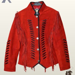 Front view of a red suede western jacket featuring silver concho buttons, black bone pipe bead chest detailing, and cascading sleeve fringe.