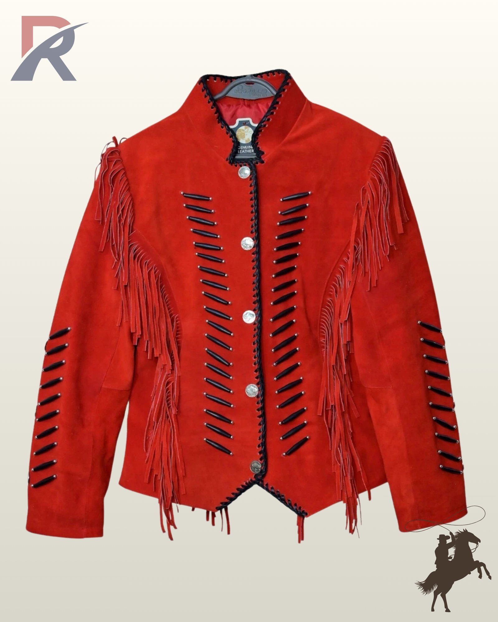 Front view of a red suede western jacket featuring silver concho buttons, black bone pipe bead chest detailing, and cascading sleeve fringe.
