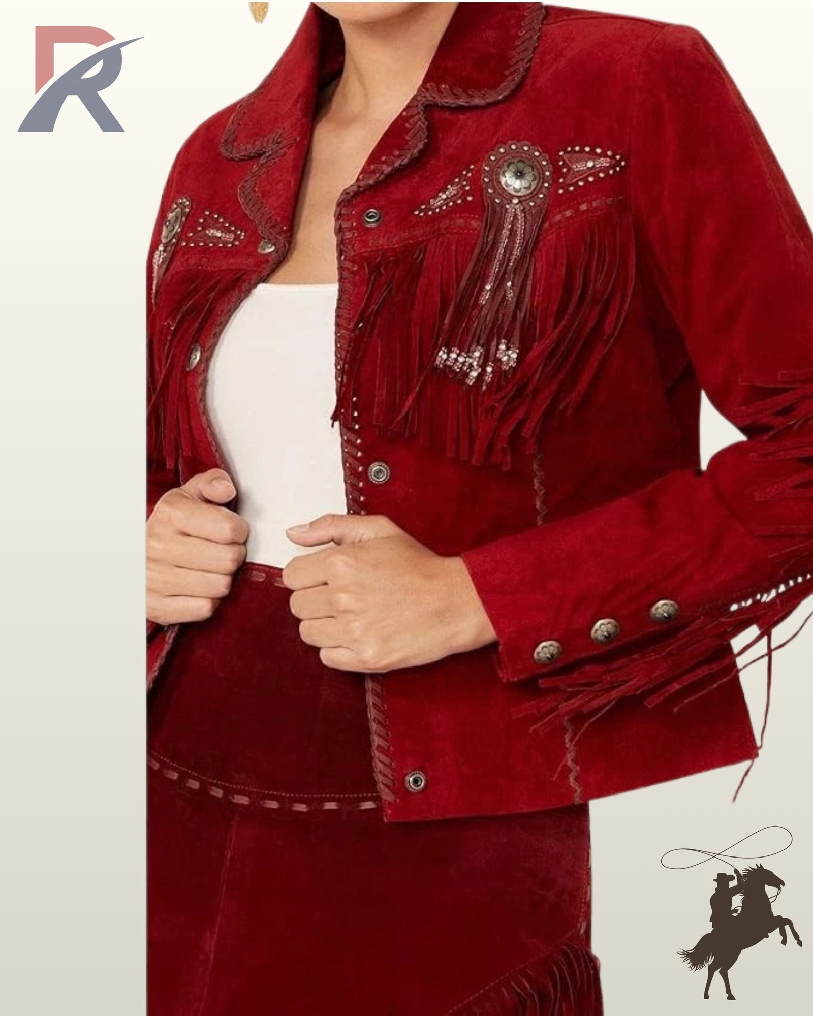 Women's red burgundy suede cowgirl jacket highlighting silver snap buttons, chest fringe, silver cuff buttons, and whipstitched lapel collar.