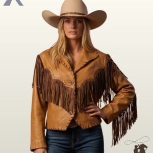 Front view of a model wearing a women's tan and brown suede western fringe jacket paired with a cowboy hat and dark denim jeans.
