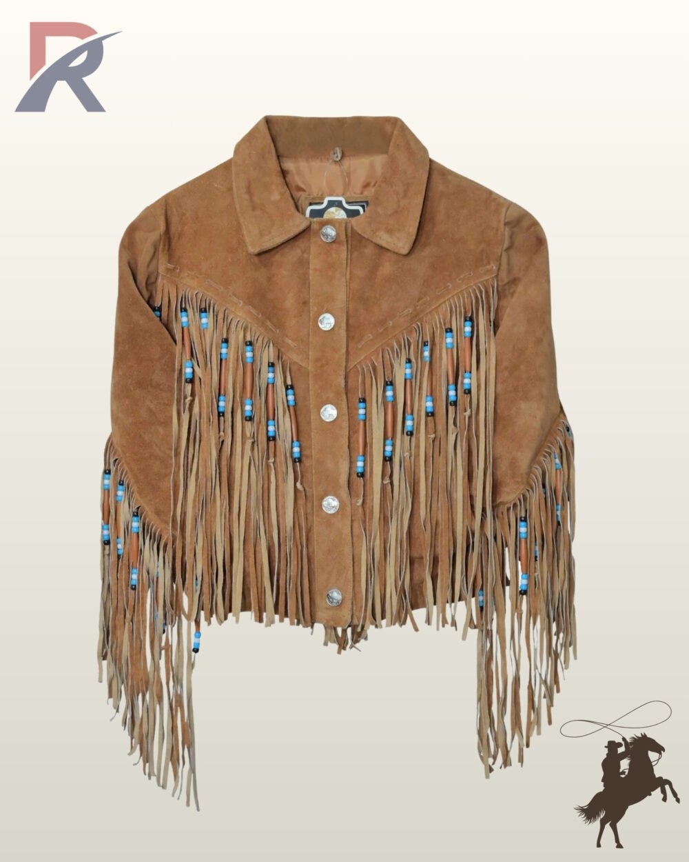 Front view of a tan suede western fringe jacket featuring silver concho buttons and V-yoke chest fringe detailed with bone pipe beads and turquoise accents.