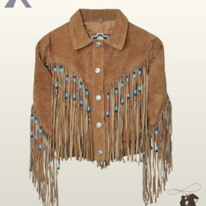 Front view of a tan suede western fringe jacket featuring silver concho buttons and V-yoke chest fringe detailed with bone pipe beads and turquoise accents.