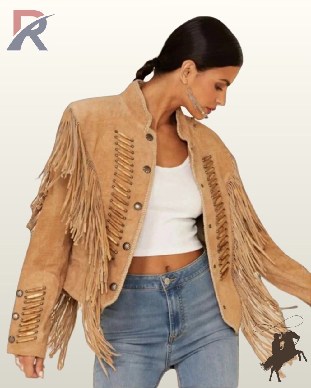 Front view of a model wearing an open tan suede western jacket with bone pipe bead chest panels, silver concho buttons, shoulder fringe, and a white crop top.