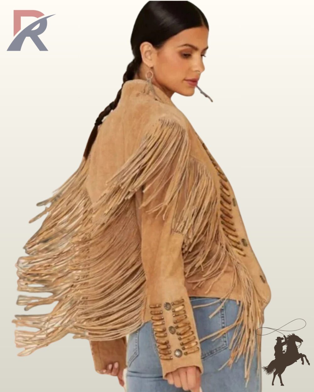 Side profile view of a model in a women's tan suede western fringe jacket showcasing flowing back fringe, bone pipe bead accents, and silver concho studs.