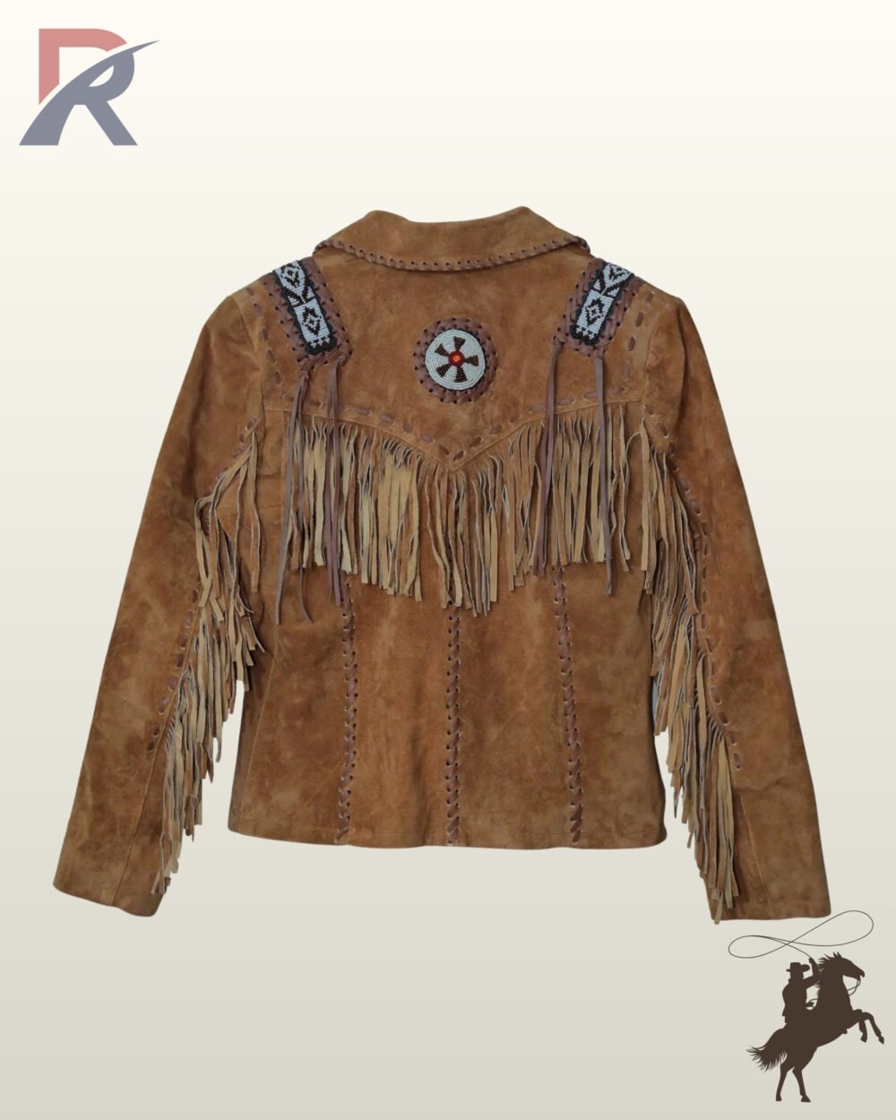 Back profile of a classic tan suede cowgirl coat with a fringed back yoke, beaded shoulder epaulets, and sleeve tassels.