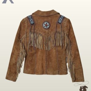 Back profile of a classic tan suede cowgirl coat with a fringed back yoke, beaded shoulder epaulets, and sleeve tassels.