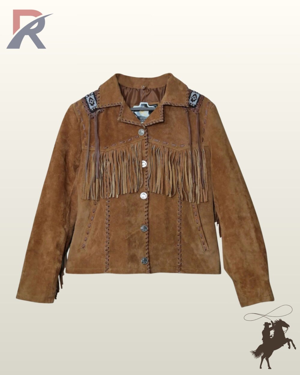 Front flat lay view of a women's tan suede western jacket featuring silver concho snap buttons, straight chest fringe, Native American shoulder beadwork, and leather whipstitching.
