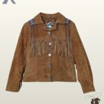 Front flat lay view of a women's tan suede western jacket featuring silver concho snap buttons, straight chest fringe, Native American shoulder beadwork, and leather whipstitching.