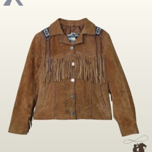 Front flat lay view of a women's tan suede western jacket featuring silver concho snap buttons, straight chest fringe, Native American shoulder beadwork, and leather whipstitching.