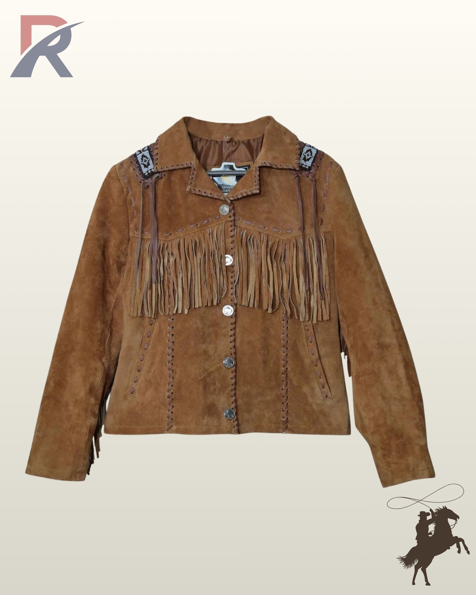 Front flat lay view of a women's tan suede western jacket featuring silver concho snap buttons, straight chest fringe, Native American shoulder beadwork, and leather whipstitching.