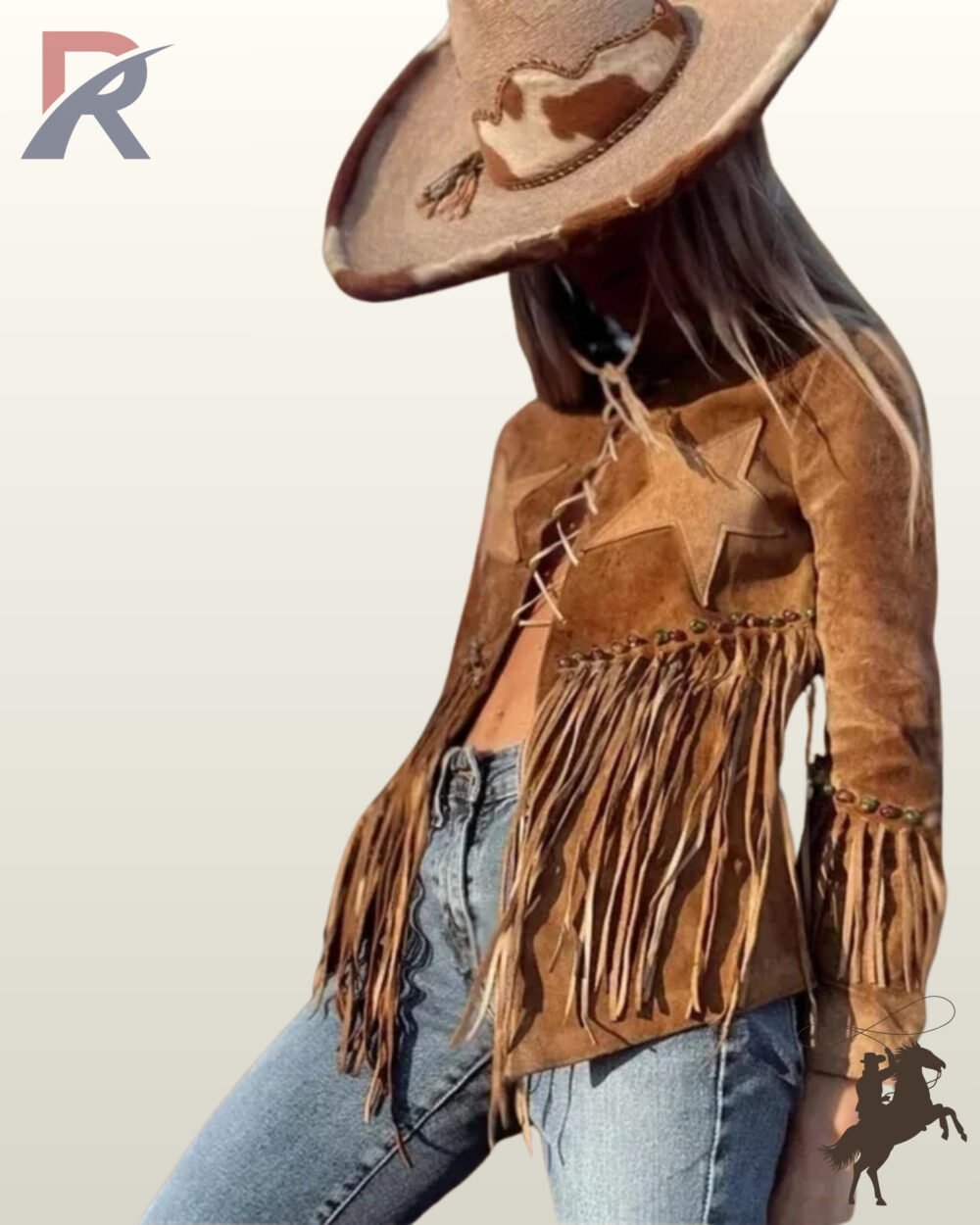 Angled front view of a model wearing an open lace-up tan suede western jacket featuring star patches, studded fringe waist, and blue jeans.
