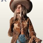 Women's tan suede cowgirl jacket featuring front corset lace-up closure, western star patches, turquoise studded waist hem fringe, and blue denim jeans.
