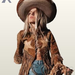 Women's tan suede cowgirl jacket featuring front corset lace-up closure, western star patches, turquoise studded waist hem fringe, and blue denim jeans.