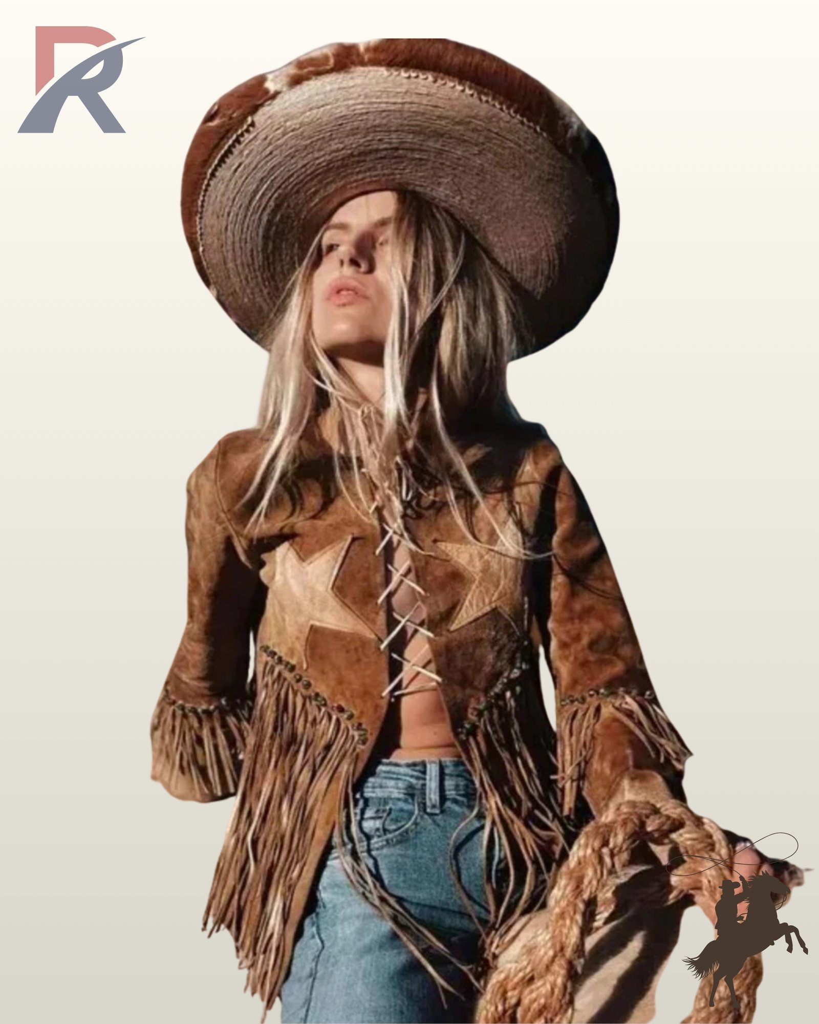 Women's tan suede cowgirl jacket featuring front corset lace-up closure, western star patches, turquoise studded waist hem fringe, and blue denim jeans.