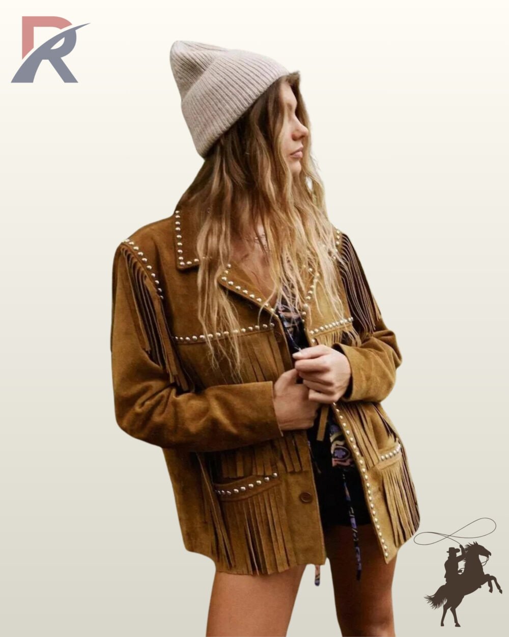 Three-quarter view of a model wearing a women's tan suede western fringe jacket showcasing silver studded collar edges and pocket fringe.