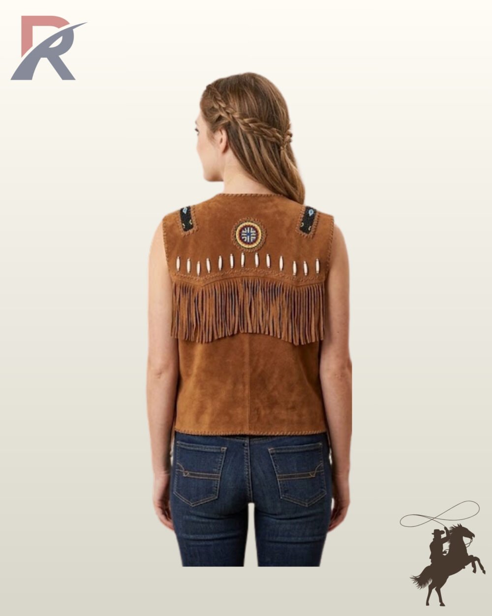 Back perspective of a women's native western style tan suede vest showcasing whipstitched edging, bone beads, and a tribal beaded rosette.