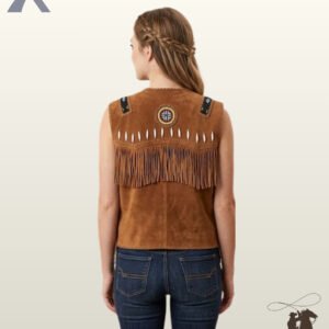 Back perspective of a women's native western style tan suede vest showcasing whipstitched edging, bone beads, and a tribal beaded rosette.