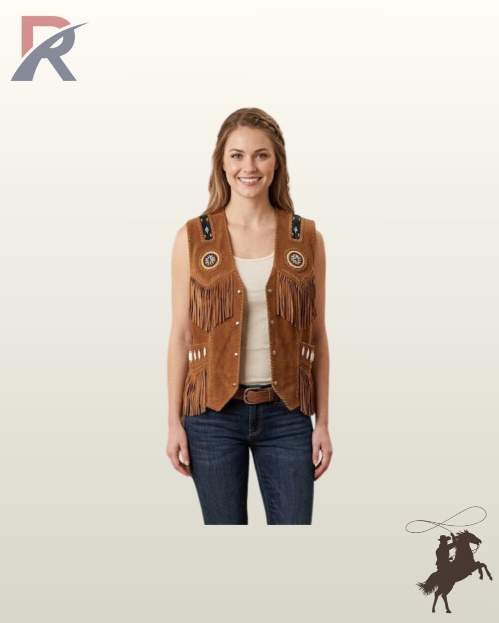 Front view of a model wearing a tan suede western fringe vest featuring circular beaded chest medallions, shoulder beadwork, and bone hairpipe accents.