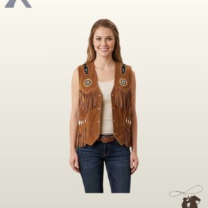 Front view of a model wearing a tan suede western fringe vest featuring circular beaded chest medallions, shoulder beadwork, and bone hairpipe accents.