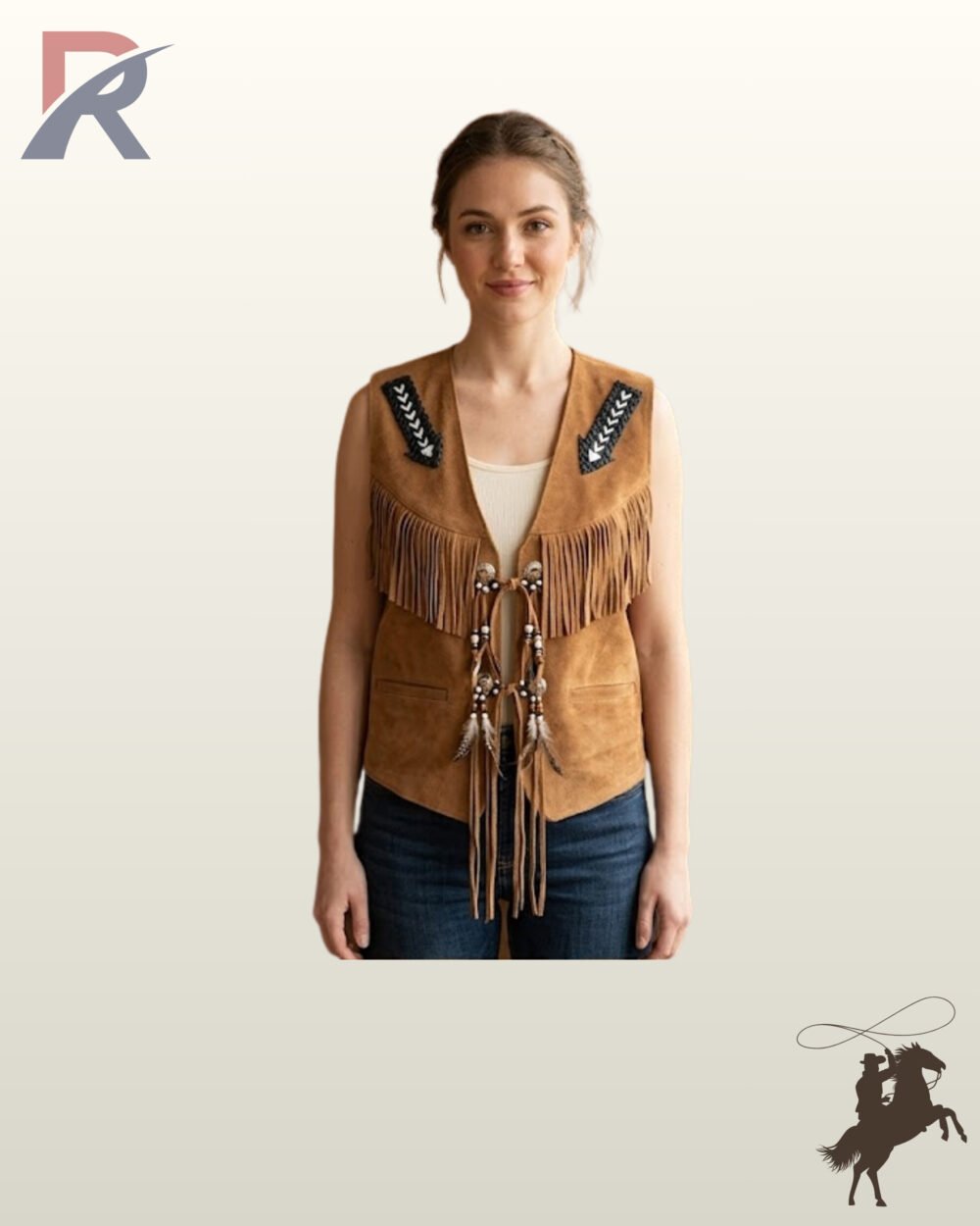 Front view of a model wearing a tan suede western vest featuring chest fringe, beaded arrow shoulder patches, and long feather tassel closures.