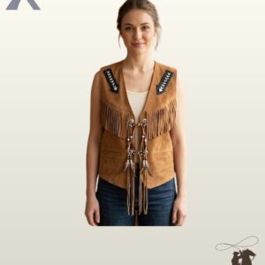 Front view of a model wearing a tan suede western vest featuring chest fringe, beaded arrow shoulder patches, and long feather tassel closures.