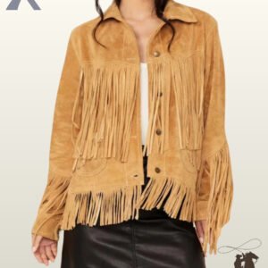 Front view of a dark-haired model wearing an open tan suede western fringe jacket featuring a fringed bottom hem, chest fringe, and front snap buttons.