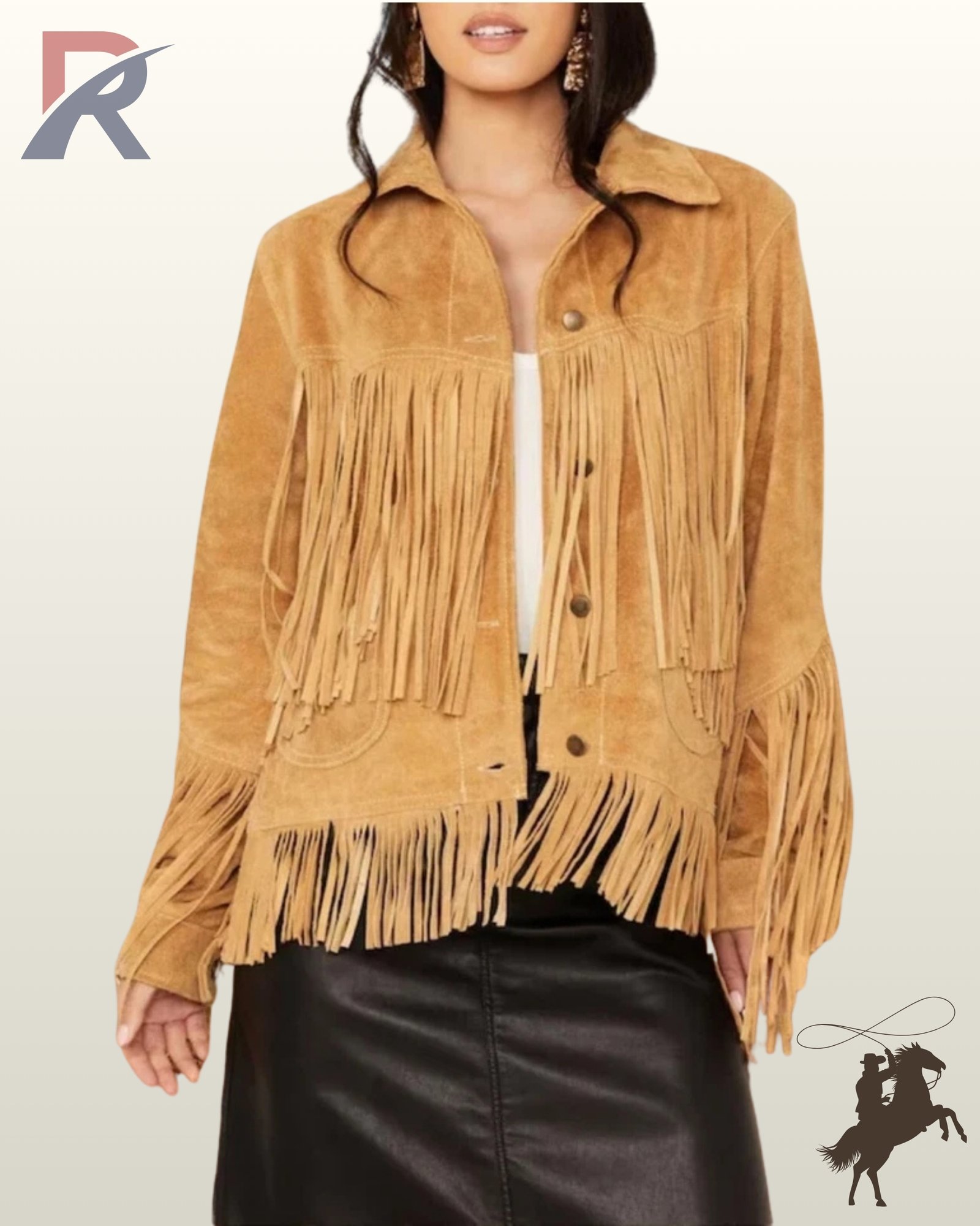 Front view of a dark-haired model wearing an open tan suede western fringe jacket featuring a fringed bottom hem, chest fringe, and front snap buttons.